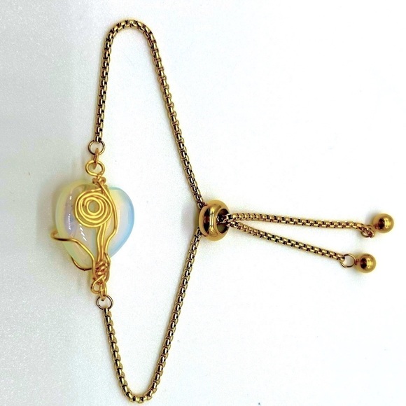 moonstone heart wrapped with gold plated wire extensible chain handm bracelet - Picture 1 of 8